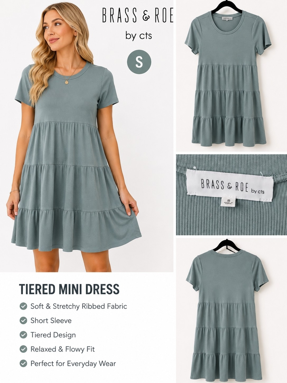 Brass & Roe Sage Green Tiered Mini Dress